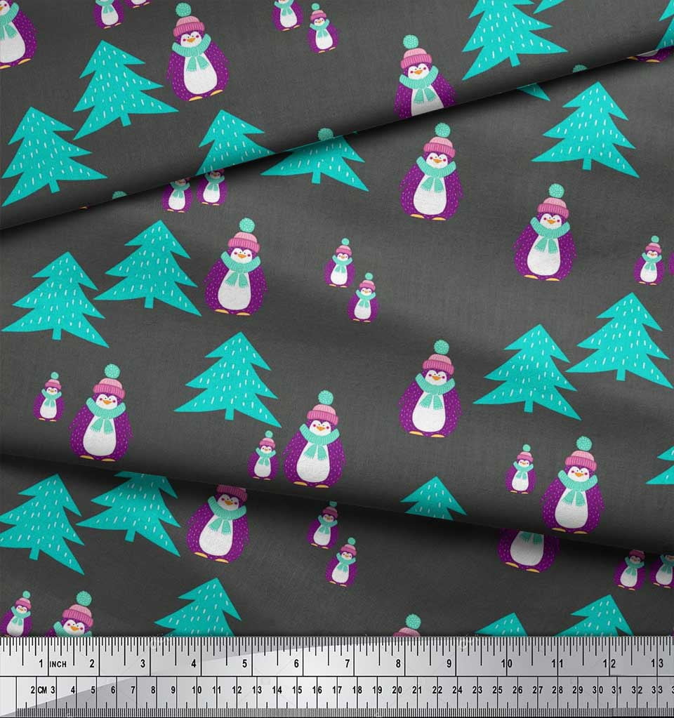 Soimoi Gray Silk Fabric Snowman & Tree Christmas Print Sewing Fabric Yard 42 Inch Wide