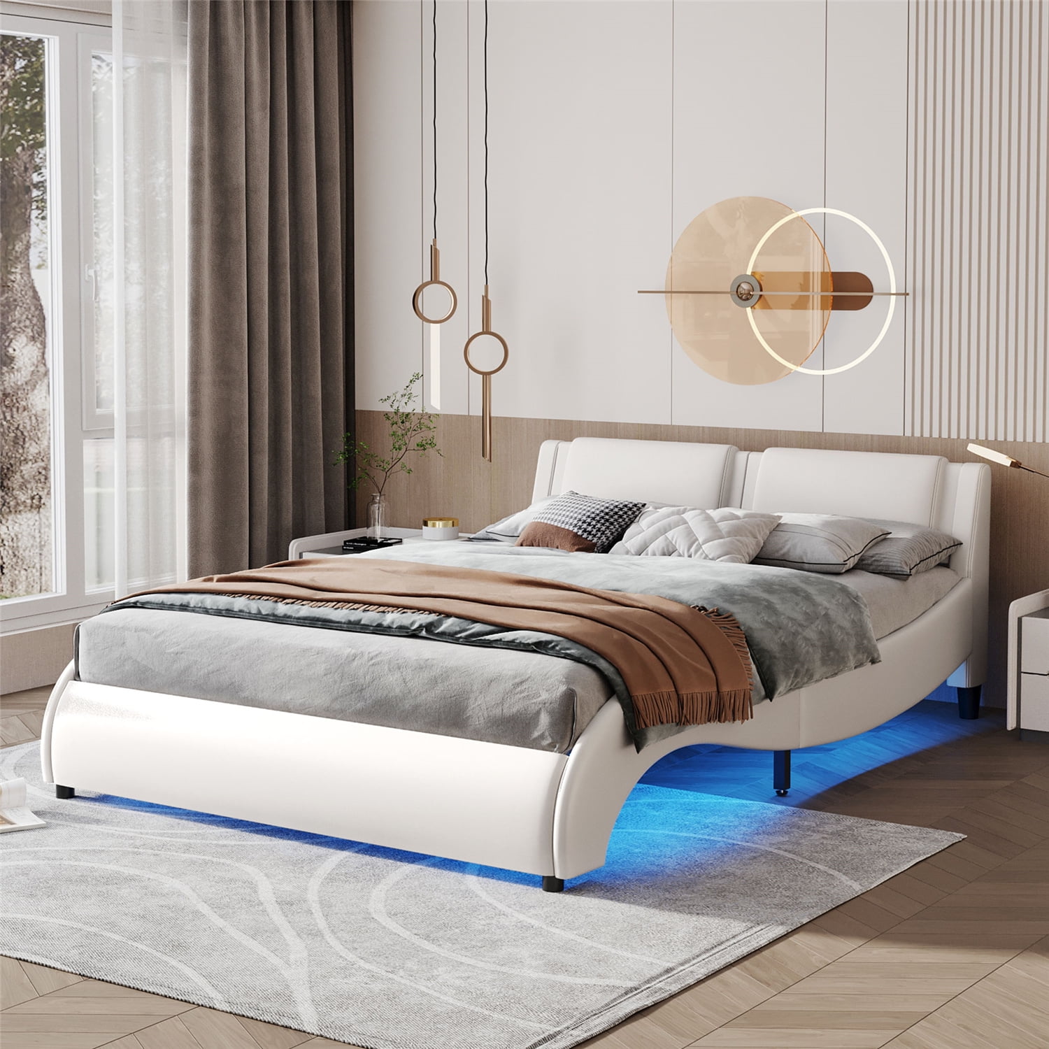 Queen Size Upholstered Platform Bed with LED Lights Underneath, Wave