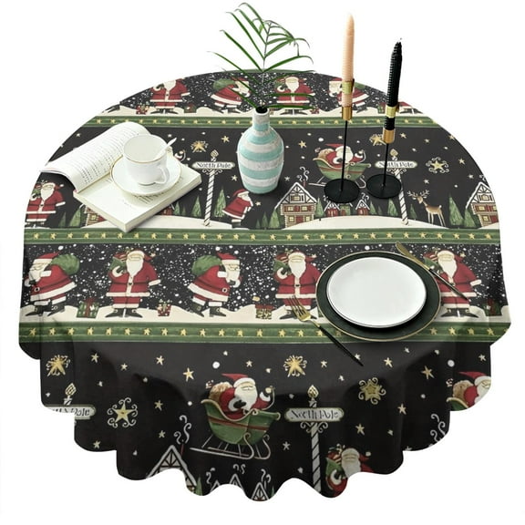 Black Christmas Santa Pattern Round Tablecloth 60"x60",Wrinkle Wipeable Table Cloth for Kitchen Dining Room Picnic Patio Party