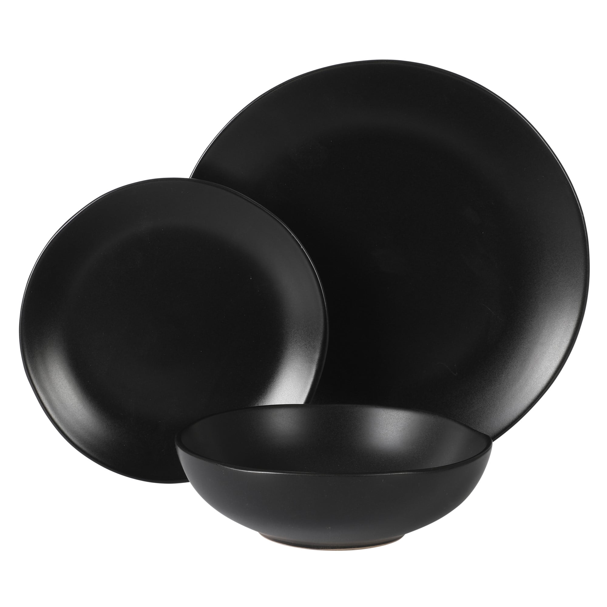 Gibson Home Bethel 18 Piece Plates and Bowls Ceramic Stoneware Organic Shape Dinnerware Set (Service for 6) - Matte Black