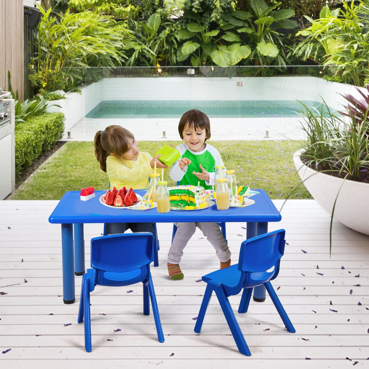 Kids Plastic Rectangular Learn and Play Table Blue costway