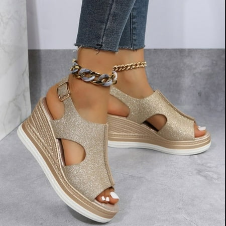 

Homedles Sandals for Women Summer New Wedge Drssy Open Toe High Heel Sandals Shoes Gold 9