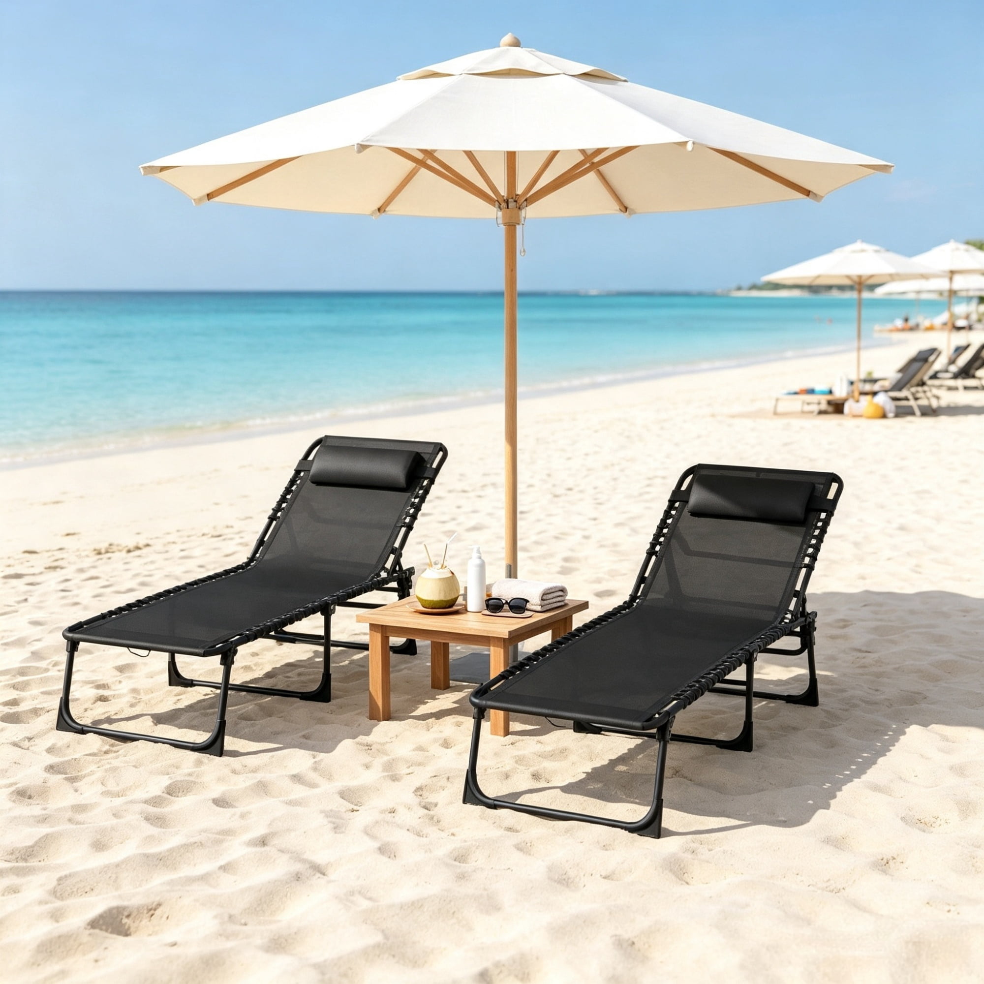 2 Folding Chaise Lounge Pool Chairs, for Poolside Tanning, Pillow, Breathable Mesh, Black