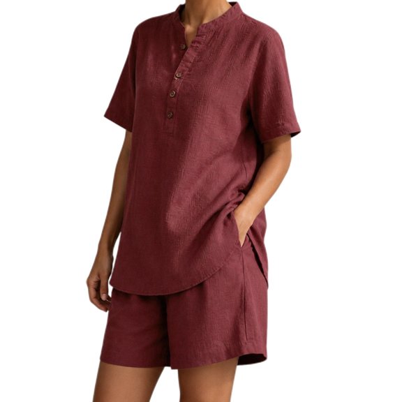 Arlun Womens Linen 2 Piece Sets Neck Button up Short Sleeve Shirts and Wide Leg Shorts Set Summer Relaxed Fit Casual Two Piece Outfits Solid Color Matching Set Daily Wear Red XL