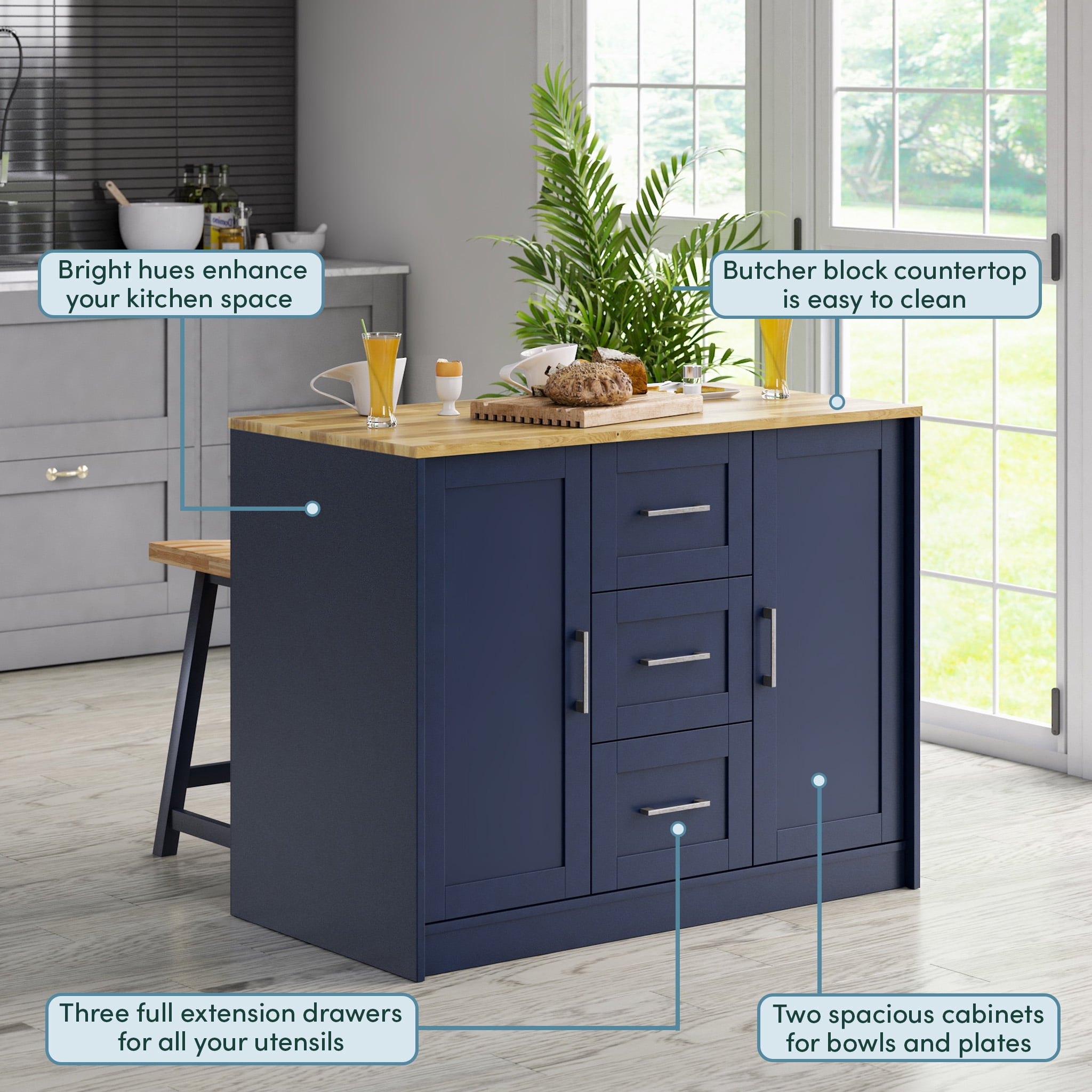 Twin Star Home 46" Traditional Kitchen Island with Butcher Block Top, Insignia Blue