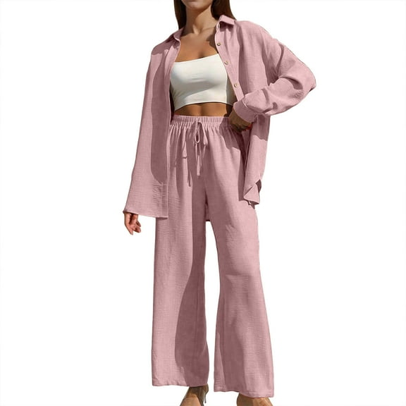 Women's Casual Button Down Cardigan Wide Leg Pants Suit Set Long Sleeve Loose Fit Trousers Outfit Stylish Comfortable Two Piece Ensemble summer pajama set