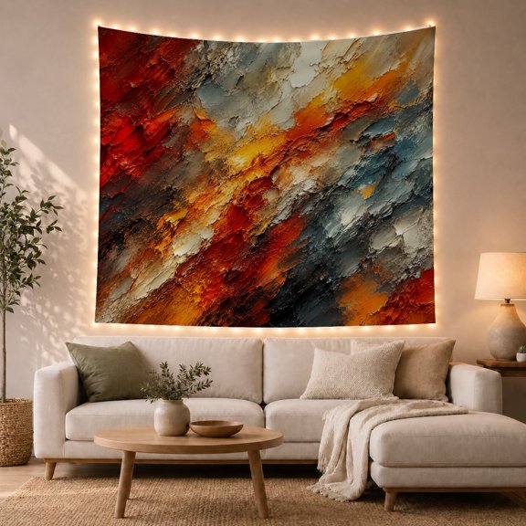 Layered Red and Orange Paint Textures on Cream Background, Energetic Abstract for Modern Art Lovers, Bold Statement Wall Decor, Housewarming Gift Tapestry Wall Hanging for Living Room and Bedroom