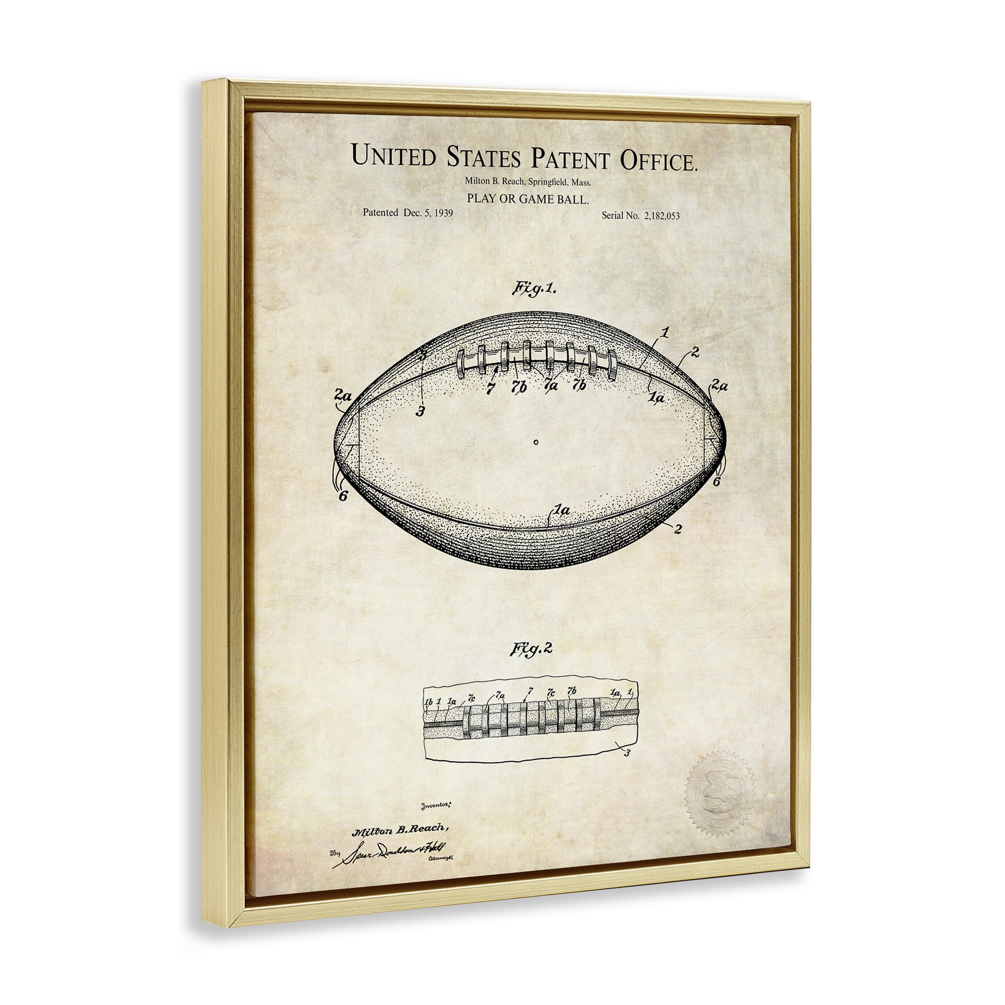 Stupell Industries American Football Sports Blueprint Sports Painting Gold Floater Framed Canvas Art Print Wall Art, 25 x 31