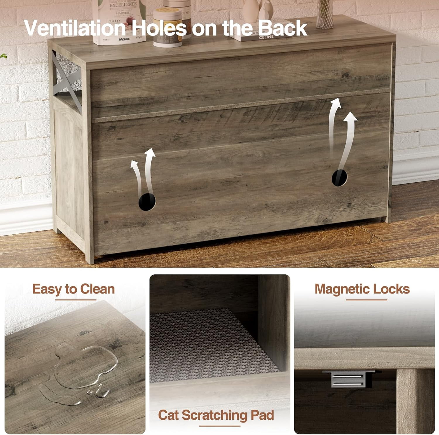 VEANERWOOD 47" Large Wood Cat Litter Box Enclosure, Hidden Cat House Washroom Furniture with Scratch Pad and Storage Shelf