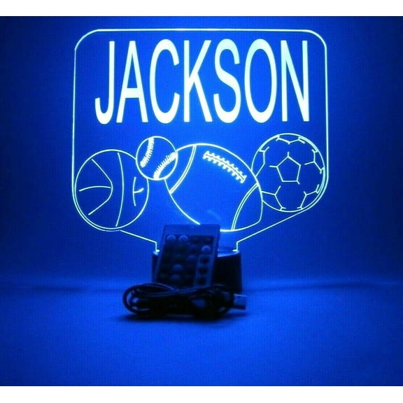 Sports Array Soccer Ball Baseball Football Basketball with Custom Name Night Light Up Lamp LED Free Engraved Custom Name Personalized Athletic Table Lamp with Remote, 16 Colors, It's Wow, Great Gift