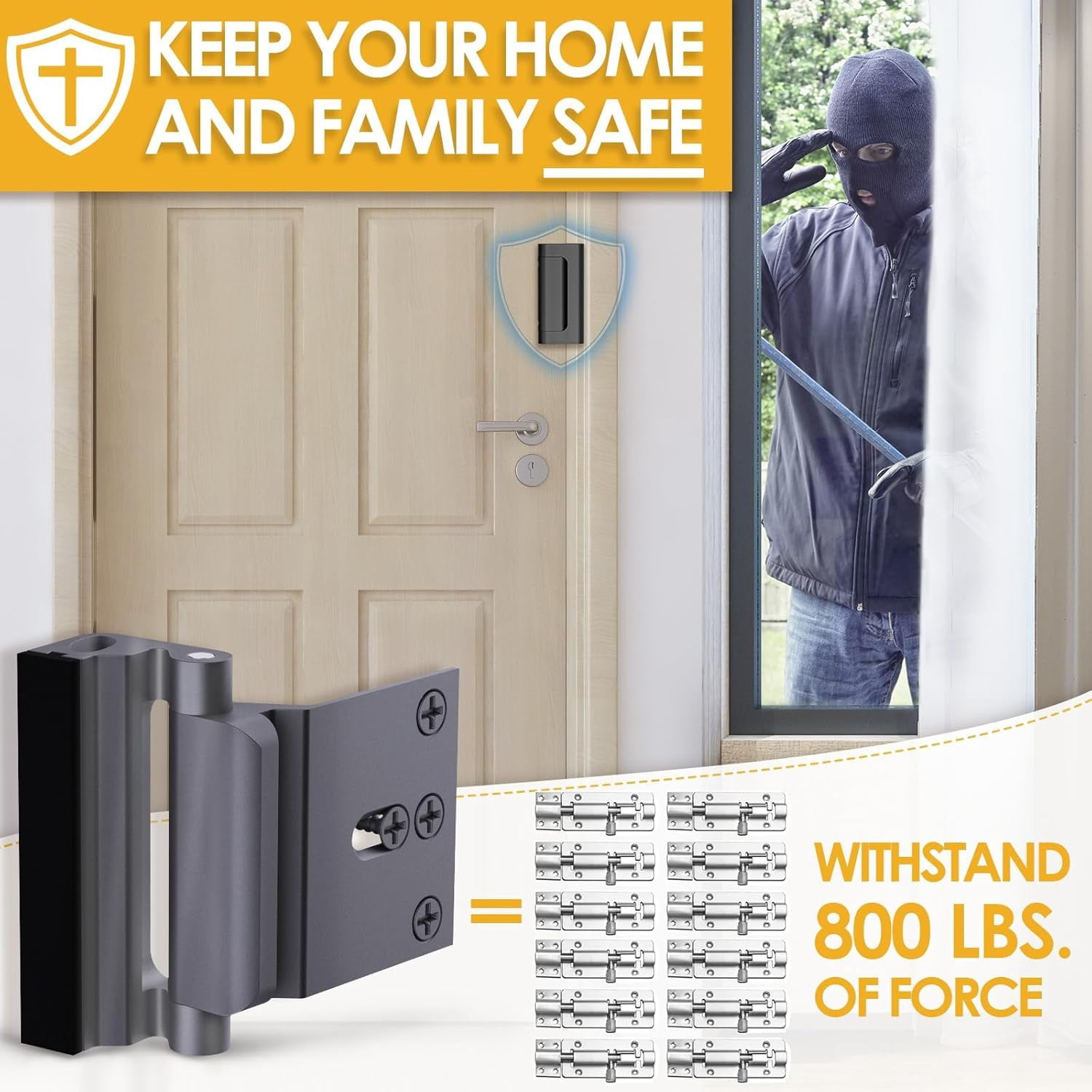 Home Security Door Reinforcement Lock: Metal Door Locks for Front Door Locks for Kids Safety Withstand 800 lbs Child Proof Door Latch for Top Inside Deadbolt Lock Home Defender Guard Flip Extra Lock