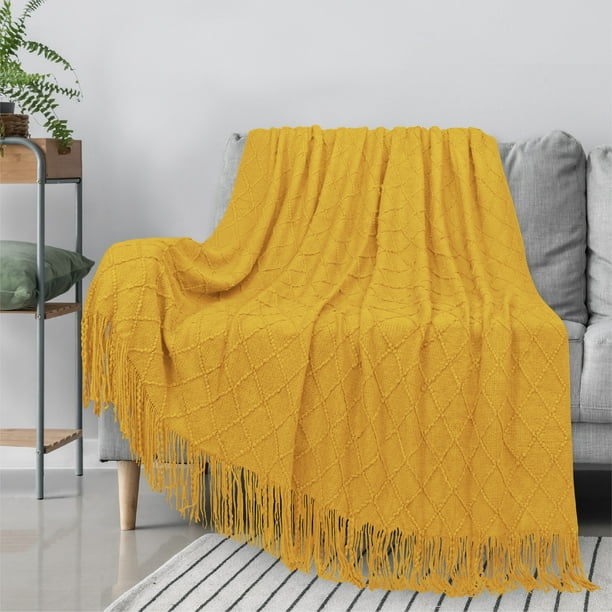 PAVILIA Mustard Yellow Knit Throw Blanket Couch, Soft Knitted Boho ...