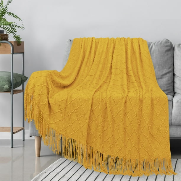 PAVILIA Mustard Yellow Knit Throw Blanket Couch, Soft Knitted Boho