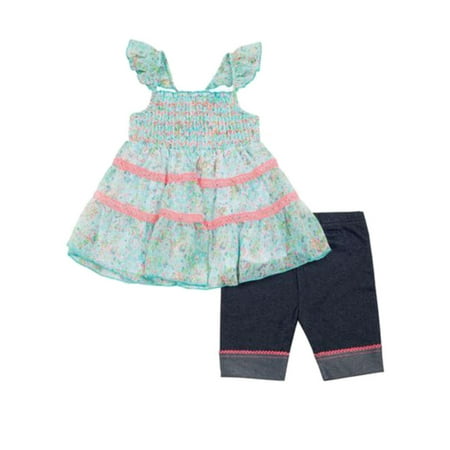 Little Lass Infant & Toddler Girls Aqua & Pink Chiffon Top Biker Shorts Outfit