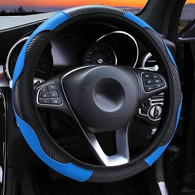 - Funda para volante de coche de piel de fibra de carbono elástica, antideslizante, transpirable, sin aro interior, talla universal 37-39cm (azul)