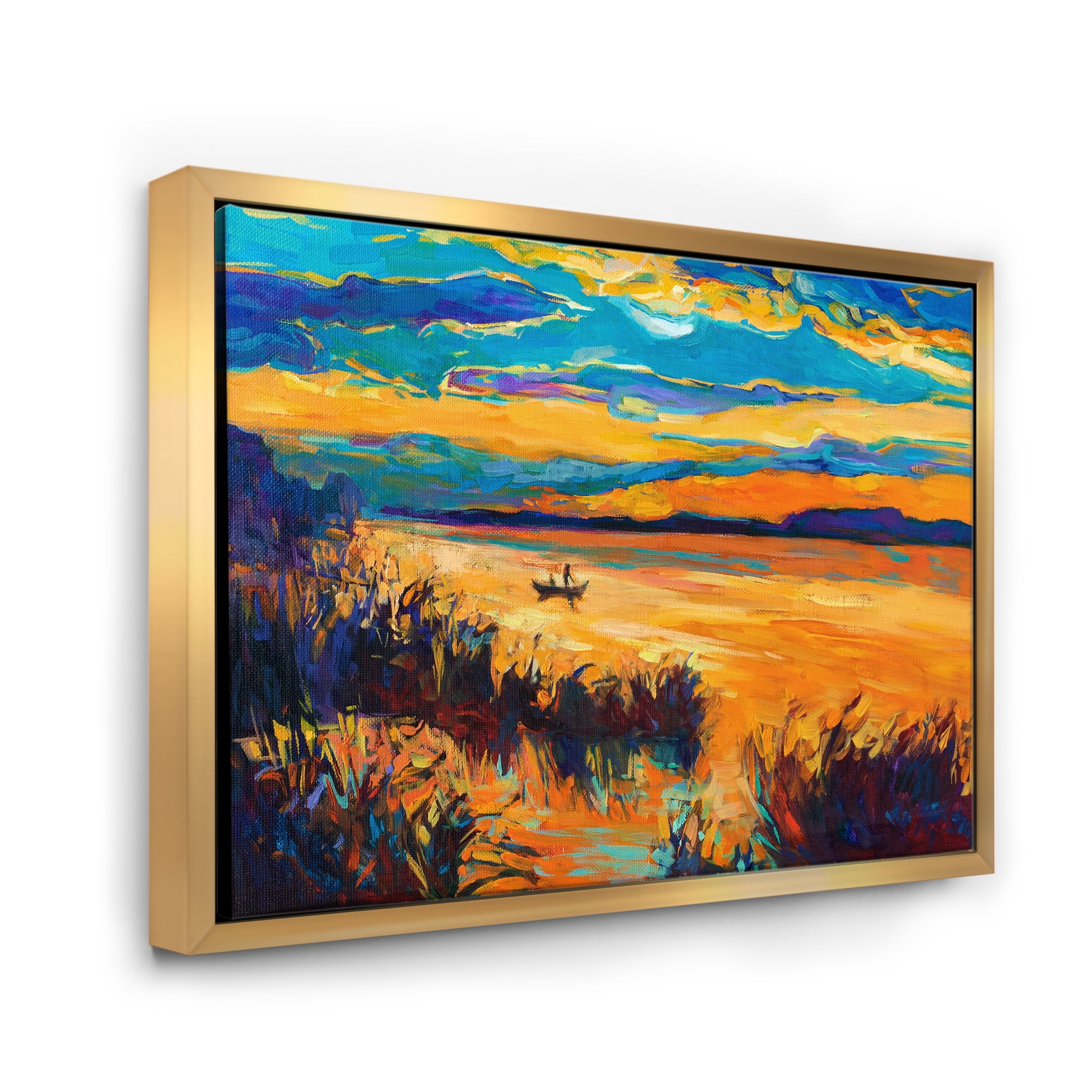 Designart 'Little Boat At The Horizon Of A Lake During Evening Glow' Nautical & Coastal Framed Canvas Wall Art Print