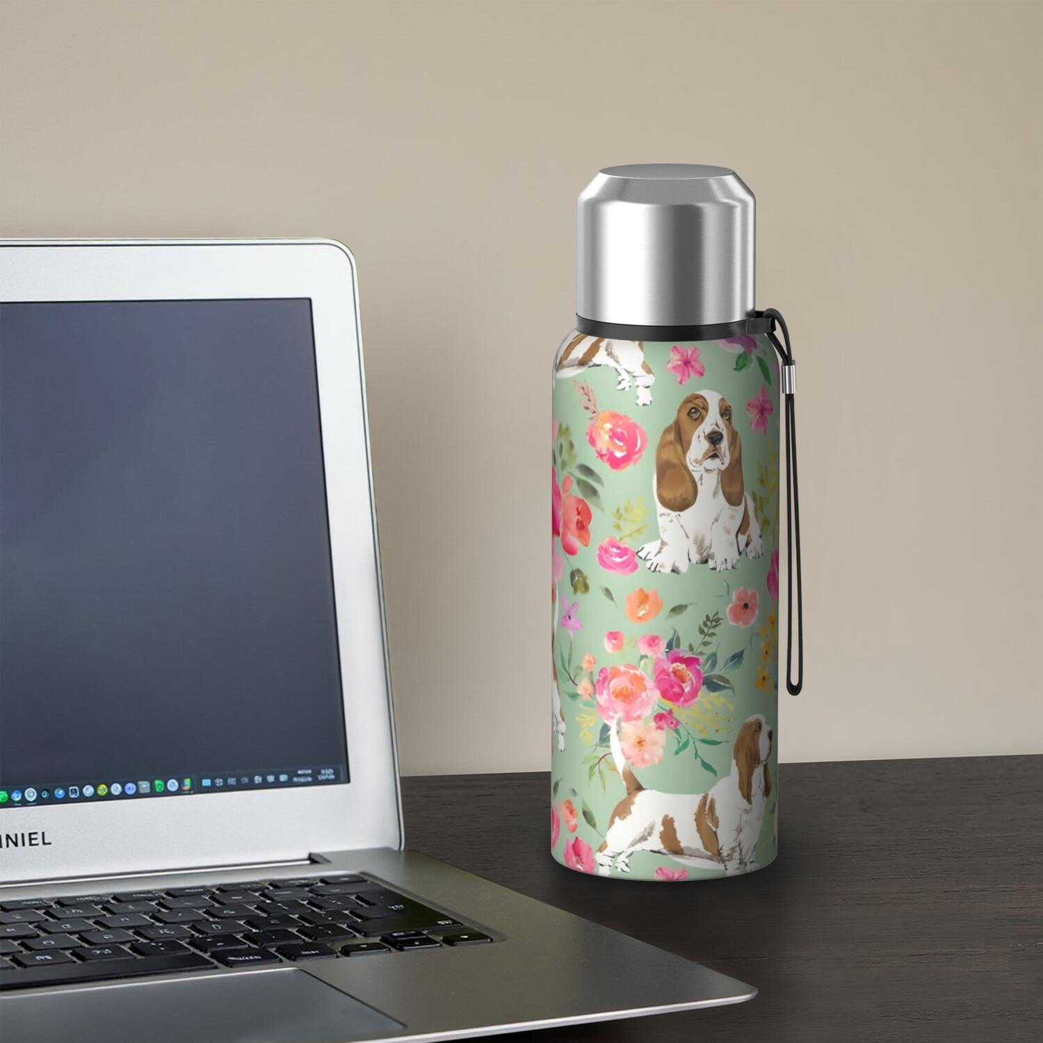 20 Oz Basset Hound and Flowers Coffee Tumbler Double Wall Insulated Stainless Steel Water Bottle | Metal Reusable Thermoses Flask with Cup Cap | Leak & Sweat Proof with Anti-Dust Lid