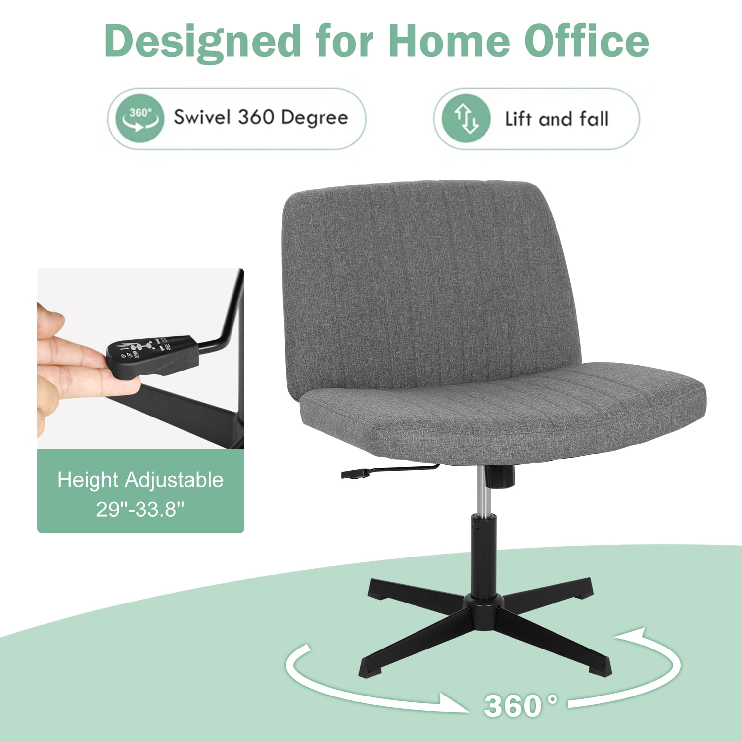 Criss Cross Chair, Armless Cross Legged Desk Chair Wide Seat Computer Task Chair Modern Height Adjustable Mid Back Chair No Wheels （Grey）