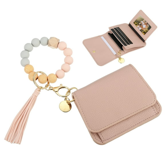 Uxcell Silicone Wooden Bead Bracelet Keychain Wallet for Women, Pink