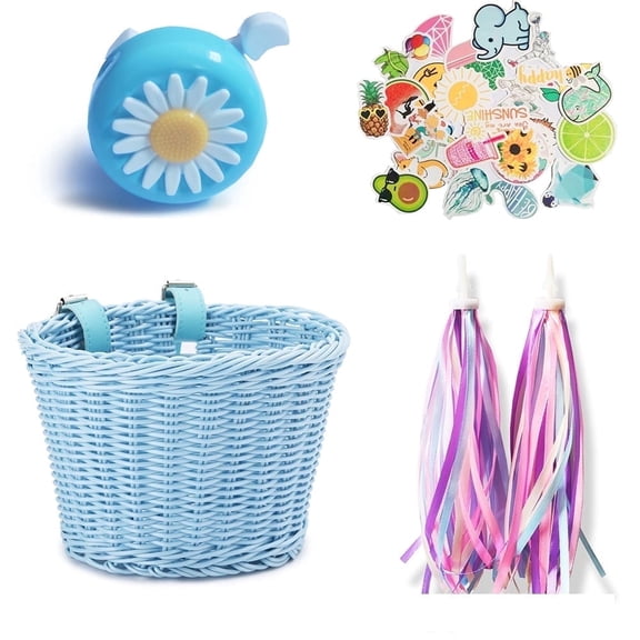 Yucurem Bicycle Basket Streamers Set, Bicycle Wicker Basket, Bike Bell and Stickers, Bike Decoration Accessories Kit for Girls