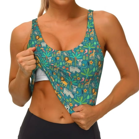 Qokaie Jungle Animals Pattern Womens Scoop Neck Sports Bra Breathable Workout Vest Padded U Back Medium Impact Fitness Gym Yoga Bra Workout Crop Top