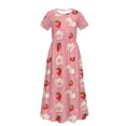 thumbnail image 5 of Uourmeti Girl Maxi Dress Pink Pig Strawberry Print Short Sleeve Crew Neck Dresses with Pockets for Girls Loose A-line Dress, Size 5-6 Years, 5 of 7