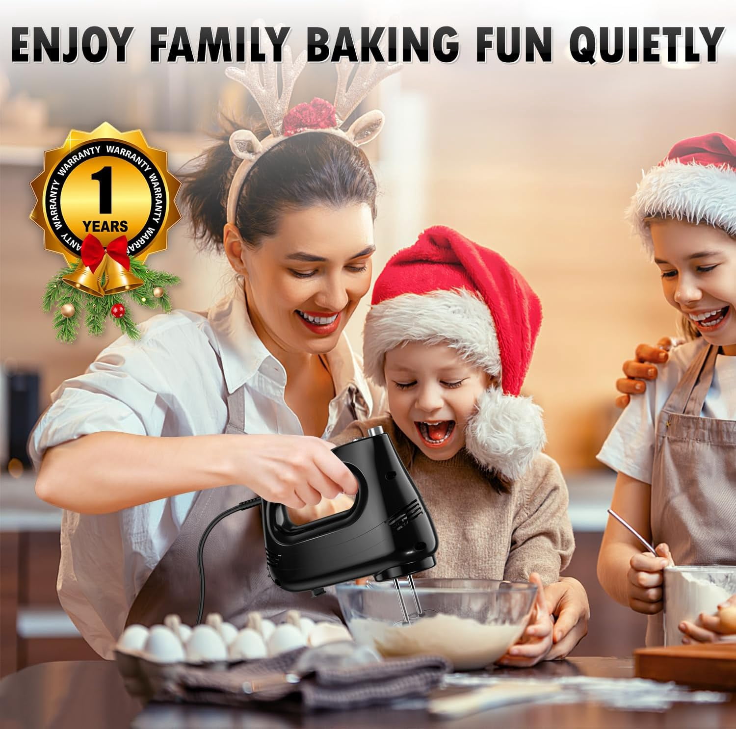 Electric Hand Mixer with Stainless Steel Whisk, Dough Hook Attachment and Stora Bag, Handheld Mixer for Baking Cakes, Eggs, Cream Food Mixers. Turbo Boost /5 Speed Kitchen Blender