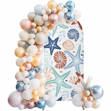 Teal Blue Brown Starfish Coastal Arch Backdrop Cover 6Ft, Wedding Arch Covers Stretchy Backdrop, Summer Beach Nautical Coral Sea Fitted 2 Sided Arched Photo Background for Birthday Party Decorations