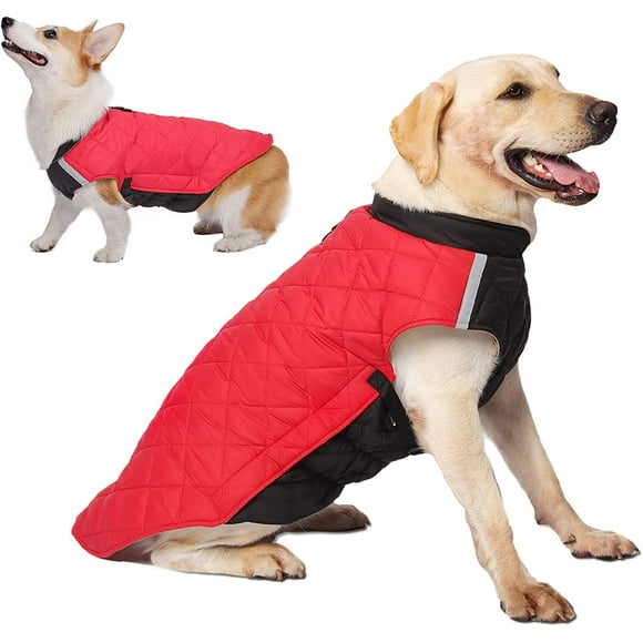 Dog Winter Coat Quilted Adjustable Snowsuit Reflective Warm Fleece Jacket Waterproof Windproof Dog Cold Weather Clothes Vest Manteau Hiver Chien Apparel for Dog Red+Black M