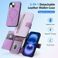 thumbnail image 6 of ELEHOLD Leather Magnetic Case For iPhone 15 Plus Shockproof Kickstand Cover, with Detachable RFID Zipper Card Holder Walllet, Ring, MagSafe Compatible, Full Body Protection, Purple, 6 of 12