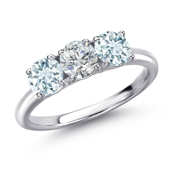 Gem Stone King 925 Sterling Silver Lab Grown Diamond and Sky Blue Aquamarine Engagement Ring for Women | 1.50 Cttw | Round 5MM | Gemstone April Birthstone | Size 7