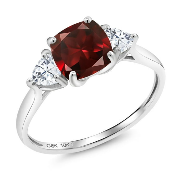 Gem Stone King 10K White Gold Red Garnet and White Moissanite 3-Stone Engagement Ring for Women (2.31 Cttw, 7MM Cushion and 4MM Trillion, Size 8)