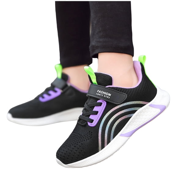 Kids Running Shoes Girls Lightweight Mesh Color Block Sneakers Comfy Arch Support Cushioning Soft Sole Hook and Loop Tennis Athletic Shoes Purple 4 Big Kid