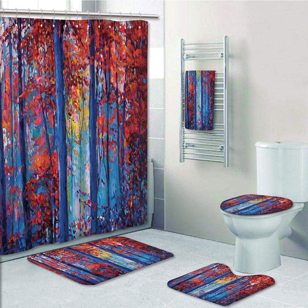 Green Forest Trippy Bathroom Shower Curtain Bath Rugs Toilet Seat Cover Sets 