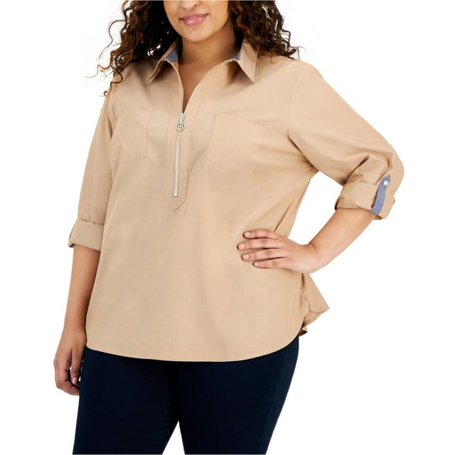 Tommy Hilfiger Blouse Tunique à Onglets Roulés en Chambray pour Femmes, Marron, Grande Taille, 0X