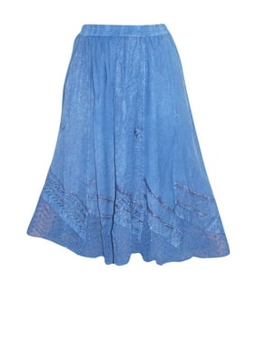 Mogul Womens Renaissance Skirt Stonewashed Blue Full Flared Embroidered Long Skirts