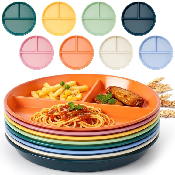 TINANA 9 Inch Unbreakable Divided Plates, 8 Pack Wheat Straw Dinnerware, 3 Compartment Plates, Dishwasher Safe