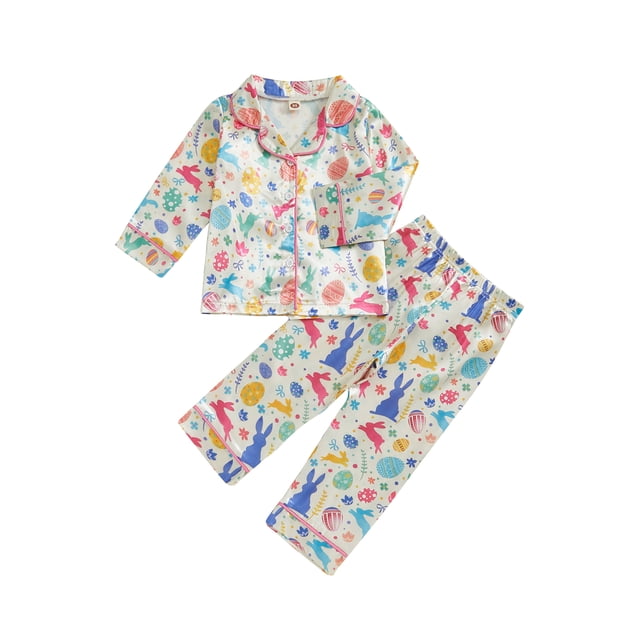Gupgi Little Girl Easter Sleepwear 2pcs Spring Kid Pajamas Bow Rabbit/Egg Bunny Long Sleeve Tops Long Pants