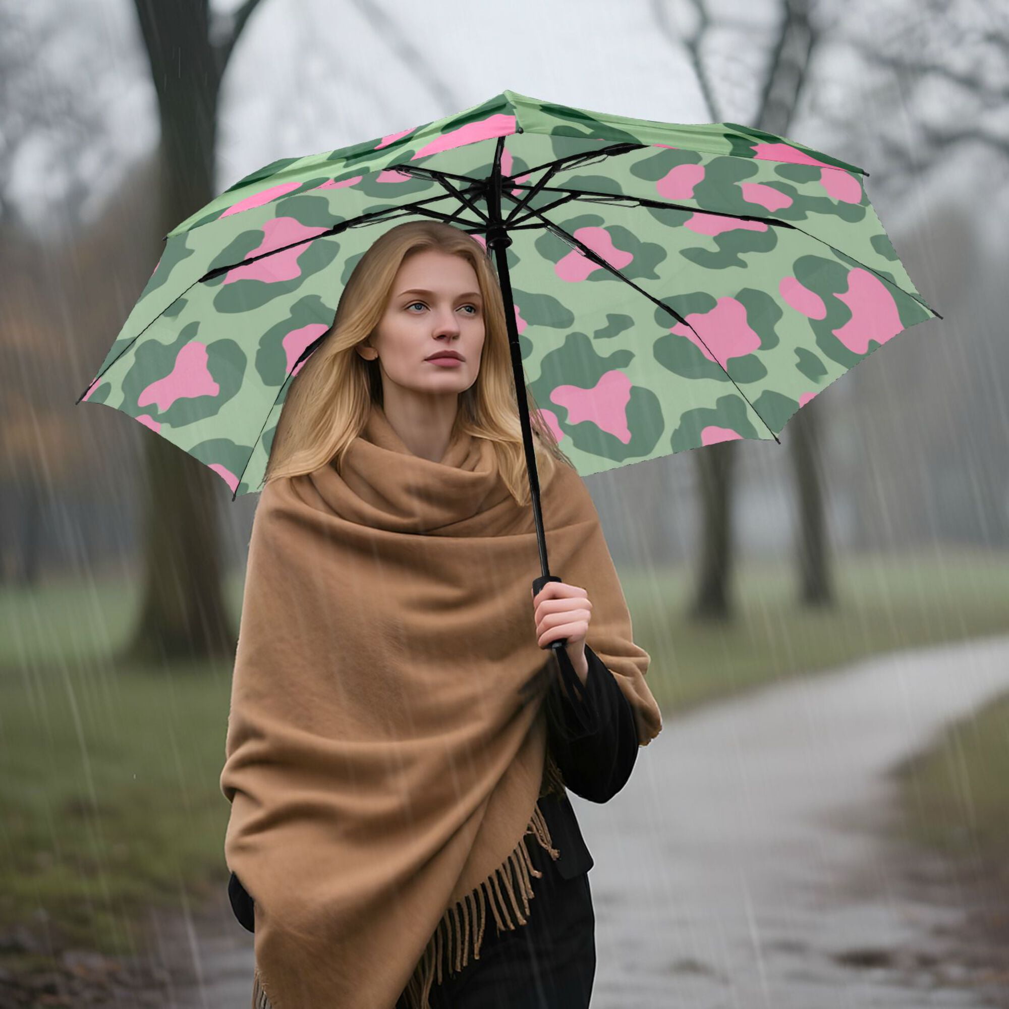 21" Inch Auto Open Close Folding Umbrella Windproof Waterproof Full Print 8-Rib Compact Travel Umbrella for Rainy Days Leopard Print with Pink Accents