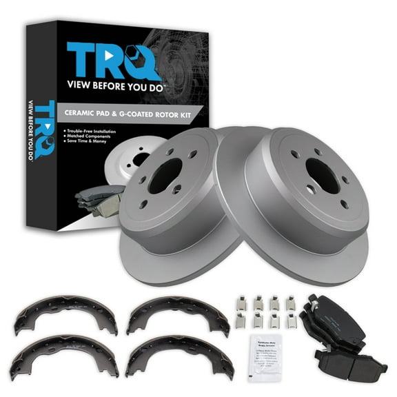 TRQ Rear Brake Pad & Rotor Kit Brake Pads Brake Rotor Parking Brake Shoe Set Ceramic Premium G-Coated Fits Select 2007-2011 Dodge Nitro 2008-2012 Jeep Liberty