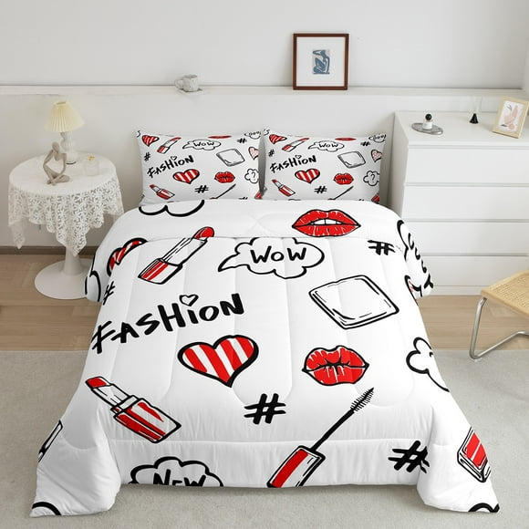 Fashion Bedding Comforter Sets for Girls Cosmetic and Makeup Theme Bedding Set Twin 2pcs Perfume Lipstick Nail Duvet Insert Polish Brush Set Quilted Comforter Modern Decor with 1 Pillow Sham,Red White