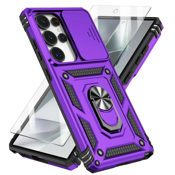 Rotatable Ring Holder Case for Samsung Galaxy S25 Ultra with 1 Pack Screen Protector, Military Grade Drop Protection Slide Camera Cover Anti-Scratch Stand Case Support Magnetic Car Mount, Purple