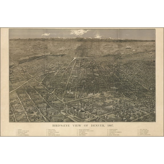 24"x36" Gallery Poster, Birdseye view map of Denver colorado 1887