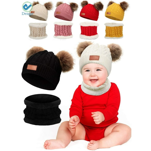 Deago Infant Toddler Winter Hat Scarf Set for Baby Girl Knitted Warm Fleece Lined Skiing Cap Lovely Pompom Kids Beanie 6-36 Months (Black)