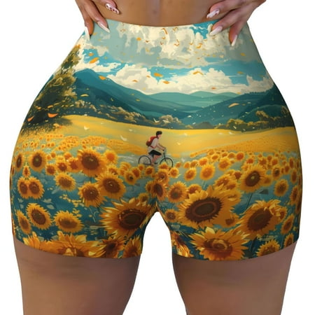 Workout Shorts Women  Field Style Bicycle Young Sunflower Biker Shorts for Women Running Gym Spandex Shorts Tummy Control