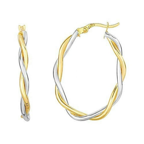 JewelStop 10k Yellow & White Gold Shiny Twisted Double Wire Oval Hoop Earrings - 3x28x20mm, 1.9gr.