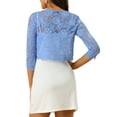 thumbnail image 3 of MODA NOVA Juniors Open Front 3/4 Sleeve Sheer Floral Lace Cropped Shrug Cardigan Blue S, 3 of 6