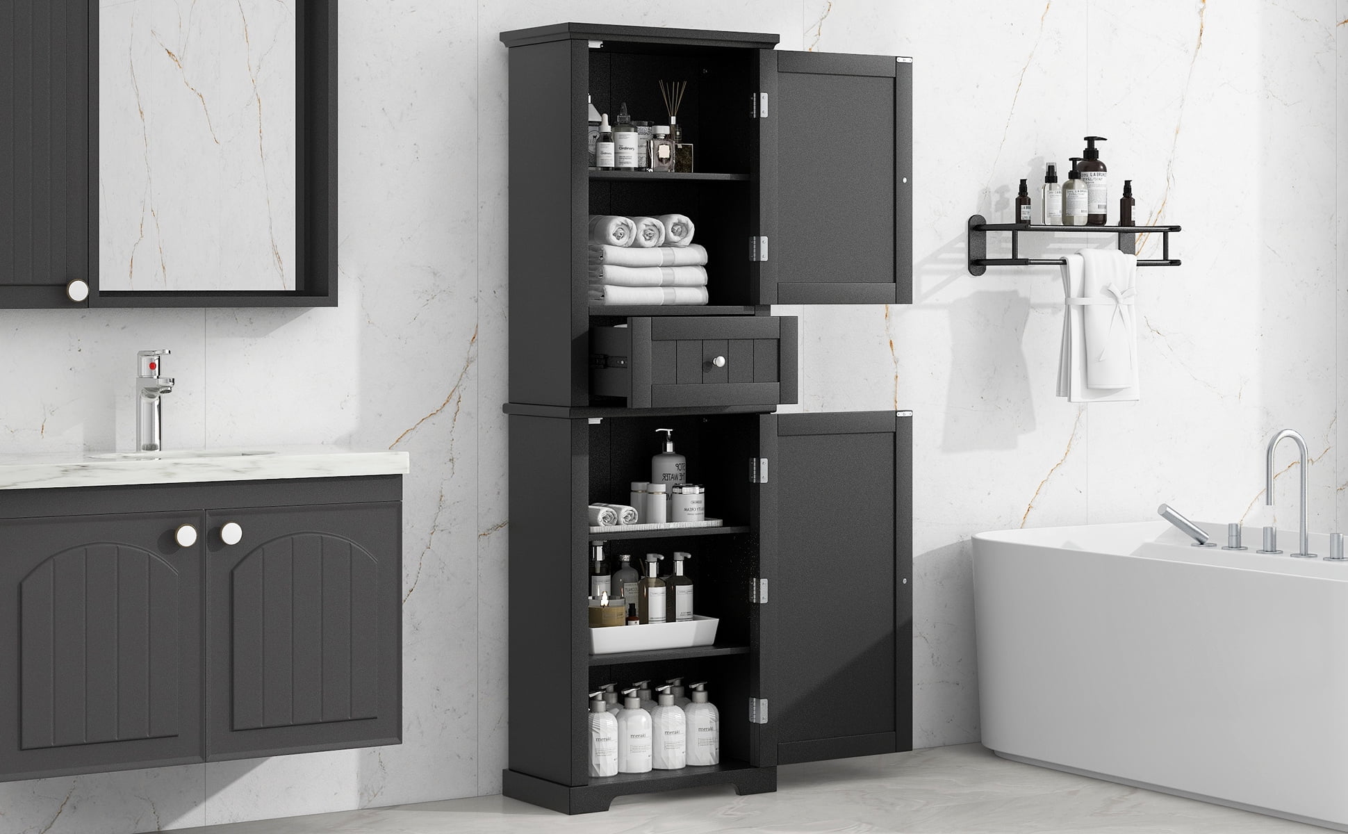 Euroco Tall Bathroom Storage Cabinet, Freestanding Storage Cabinet with Drawer and Adjustable Shelf, MDF Board with Painted Finish, Black