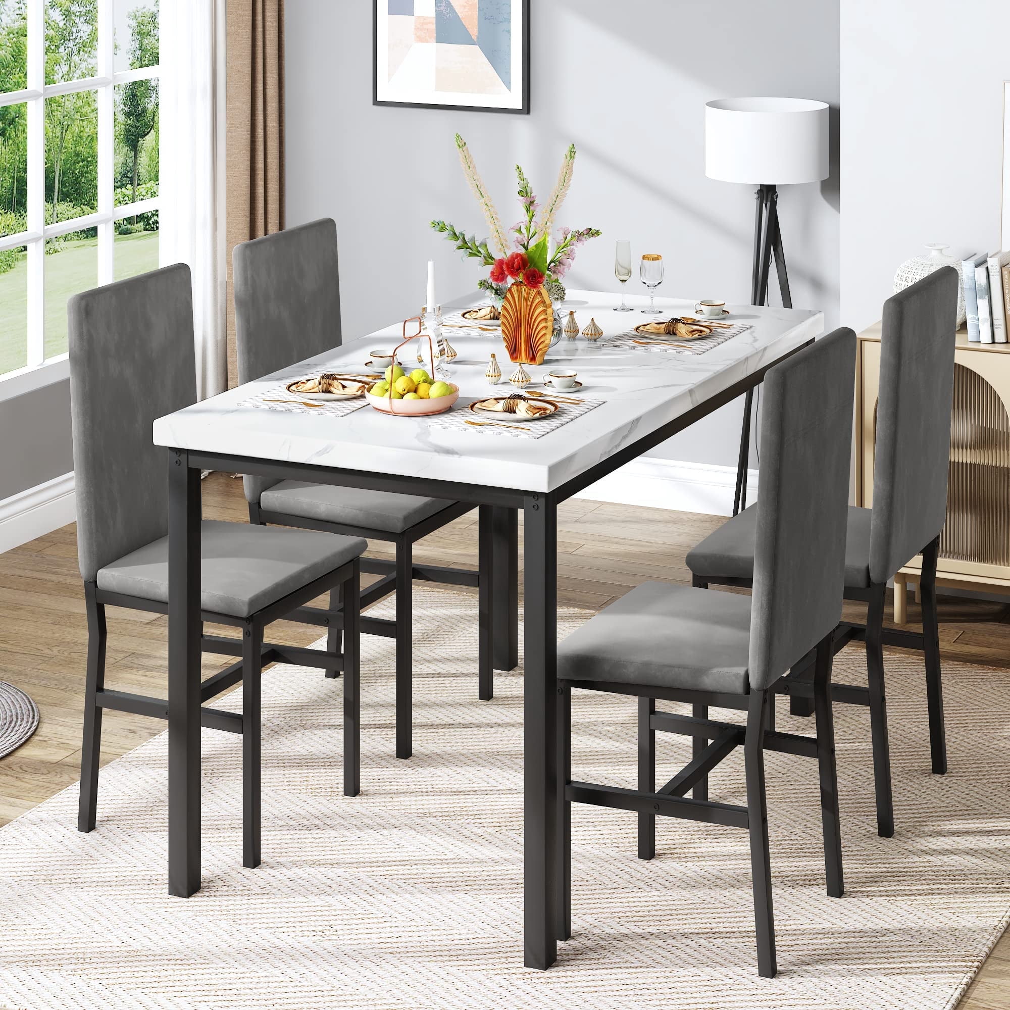 AWQM Dining Table Set for 4, 5-Piece Modern Dining Room Table Set with 4 Velvet Chairs, Marble Kitchen Table and Chairs Set, White+Grey
