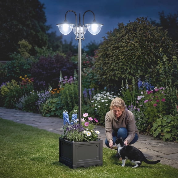 Outsunny 74.5" Solar Lamp Post Light with Planter, 3-Head Outdoor LED Street Light with Automatic Sensor, High & Low Brightness Modes, Black